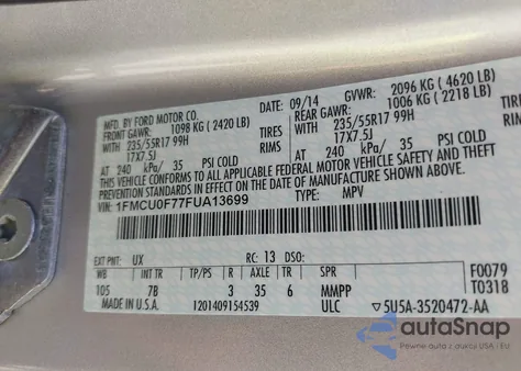 2015 Ford Escape S from USA, damaged, VIN 1FMCU0F77FUA13699
